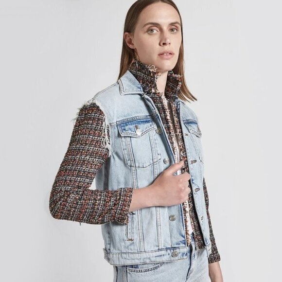 NWT Current / Elliott contrasting denim & tweed short light wash jean jacket - Picture 3 of 16